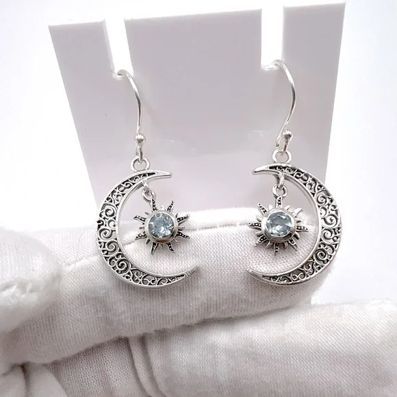 Genuine Blue Topaz .925 Sterling Silver Moon and Sun Earrings - Picture 8 of 14
